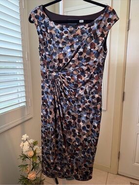 connected apparel Blue, Brown & Cream Polka-Dot Draped Midi Dress